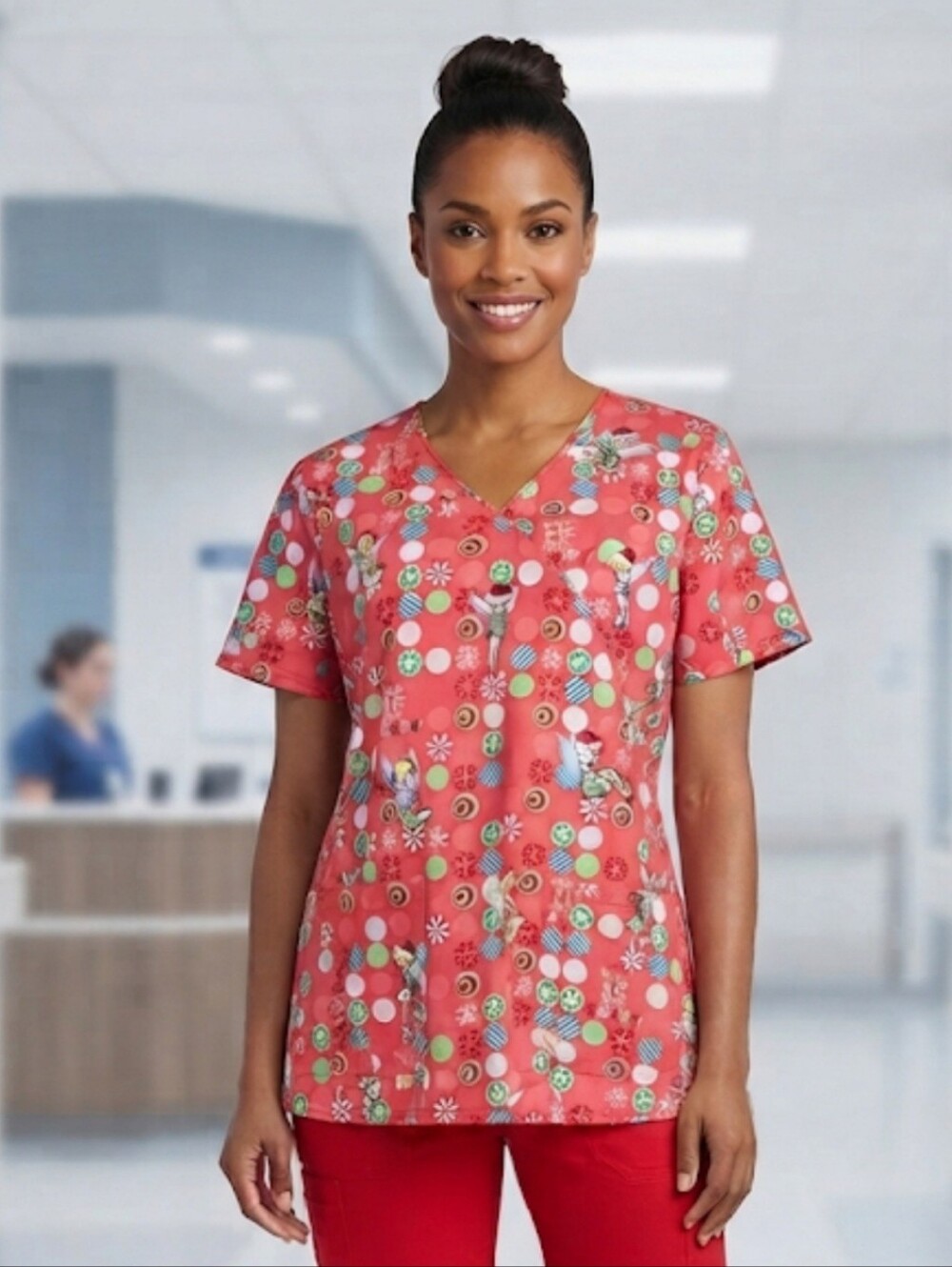 Disney Tinkerbell Christmas Holiday Scrub Top "More Nice Than Naughty" Size LG